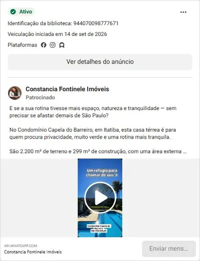 Anúncio de Constancia Fontinele Imóveis: Casa térrea à venda no Condomínio Capela do Barreiro, Itatiba